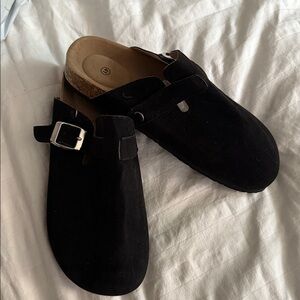 Black Suede Slip-On Clogs with Buckle